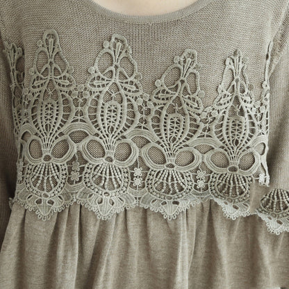 2025 fashion khaki floral knit pullover loose casual o neck sweater