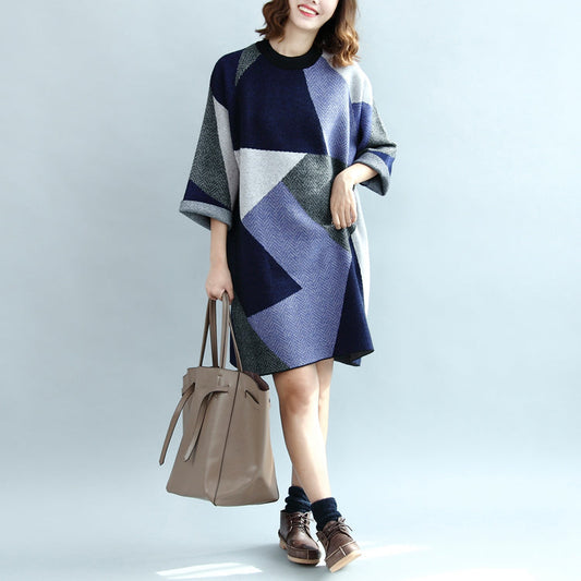 2025 geometric patchwork cotton knit dresses plus size casual bracelet sleeved sweater dress