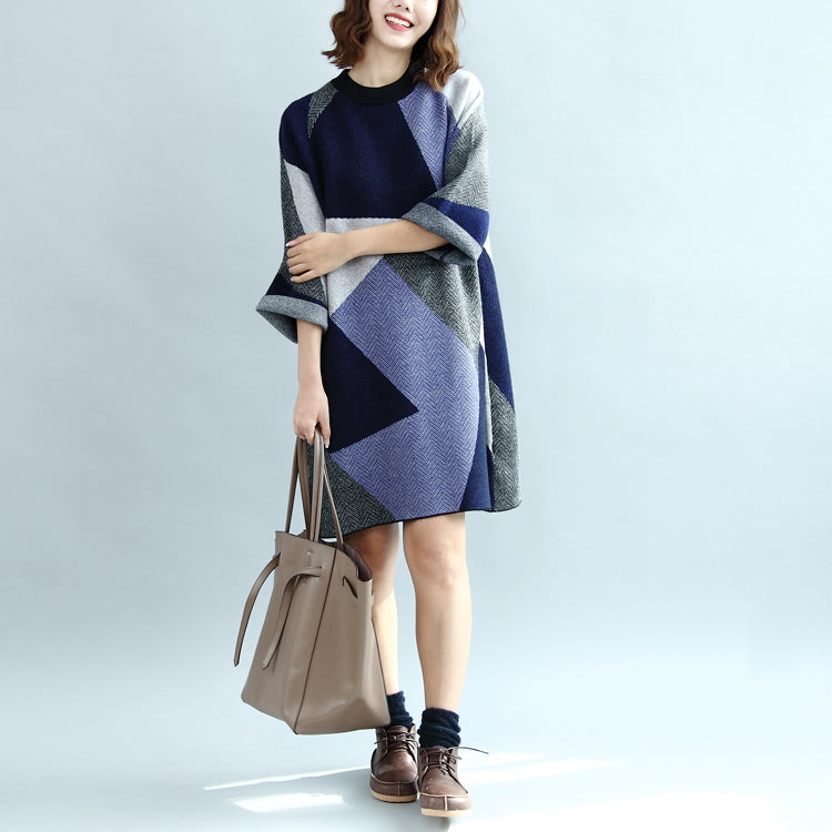 2025 geometric patchwork cotton knit dresses plus size casual bracelet sleeved sweater dress