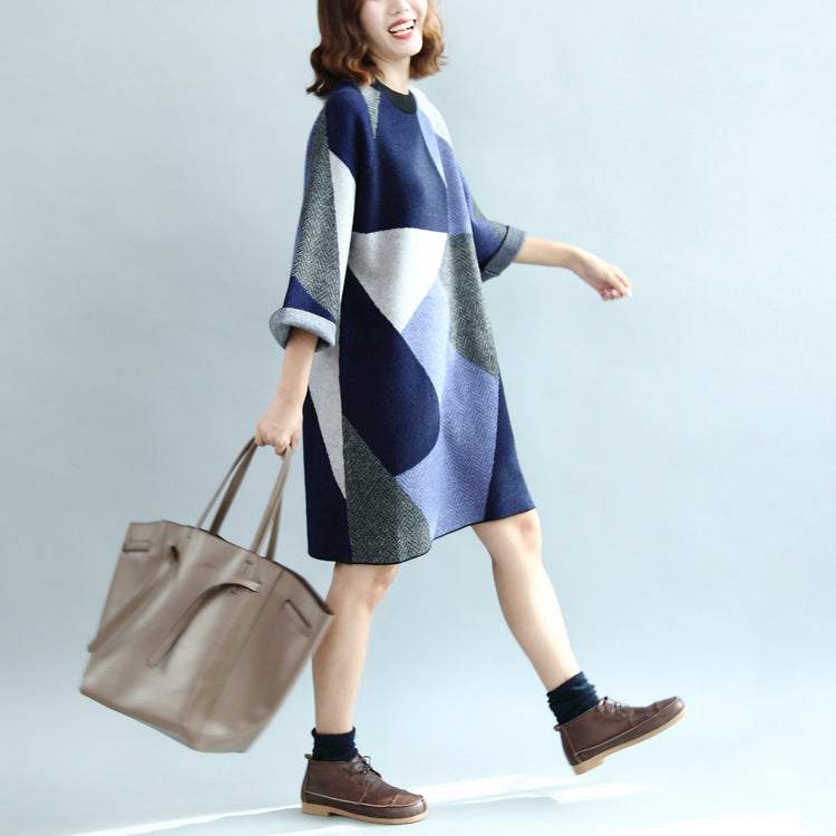 2025 geometric patchwork cotton knit dresses plus size casual bracelet sleeved sweater dress