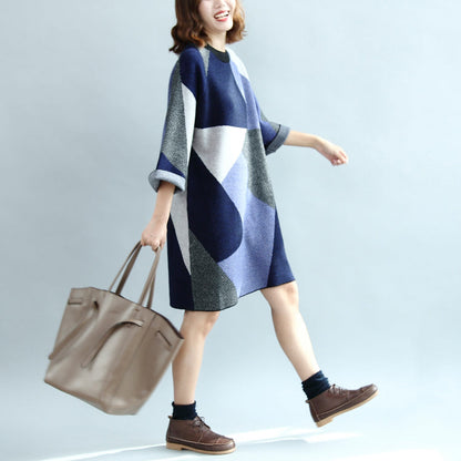 2025 geometric patchwork cotton knit dresses plus size casual bracelet sleeved sweater dress