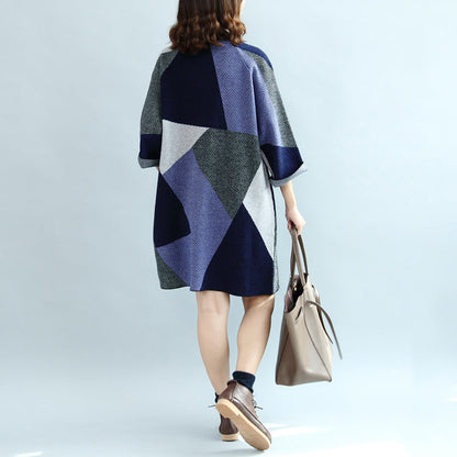 2025 geometric patchwork cotton knit dresses plus size casual bracelet sleeved sweater dress