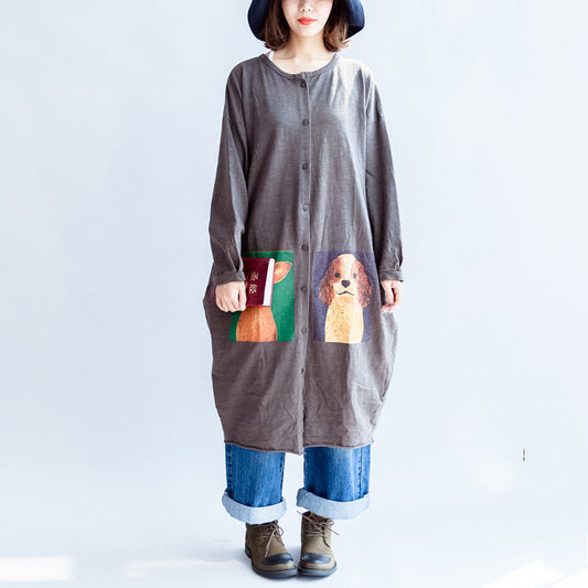 2025 gray cartoon print cotton cardigans plus size casual big coats