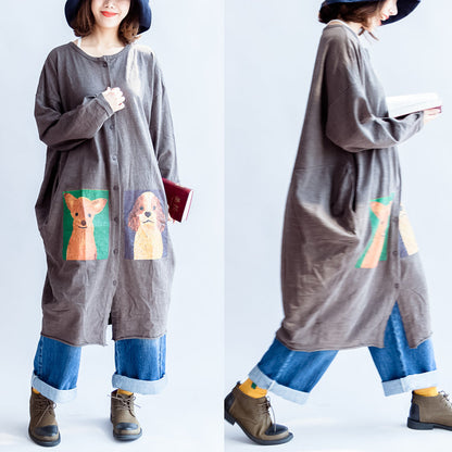 2025 gray cartoon print cotton cardigans plus size casual big coats