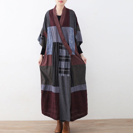 2025 multi color long linen dress Loose fitting patchwork linen gown New tie waist caftans