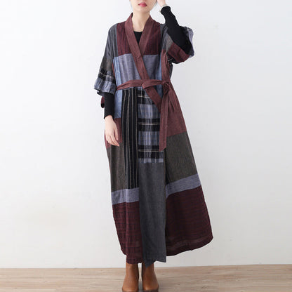 2025 multi color long linen dress Loose fitting patchwork linen gown New tie waist caftans