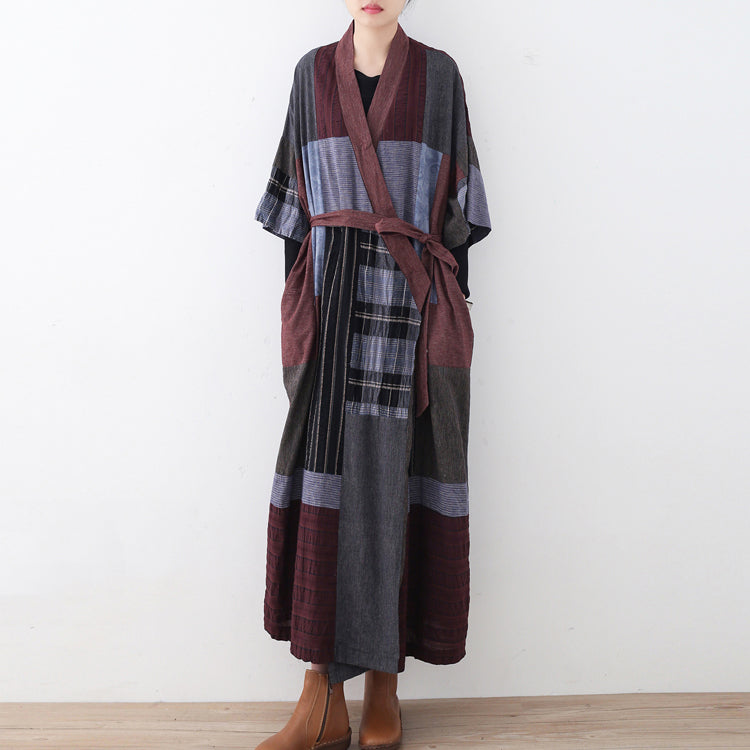 2025 multi color long linen dress Loose fitting patchwork linen gown New tie waist caftans