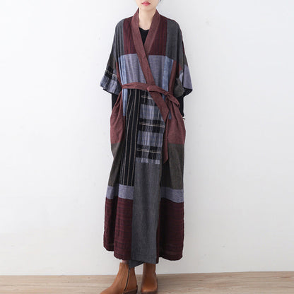 2025 multi color long linen dress Loose fitting patchwork linen gown New tie waist caftans
