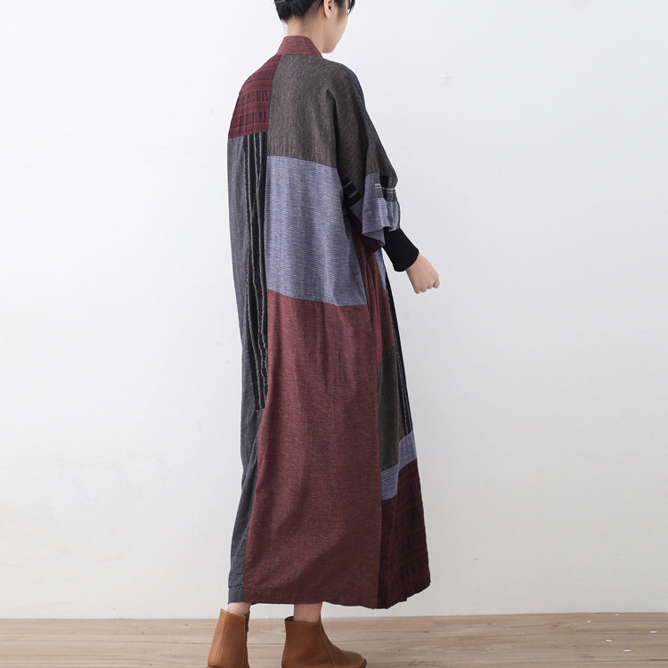 2025 multi color long linen dress Loose fitting patchwork linen gown New tie waist caftans