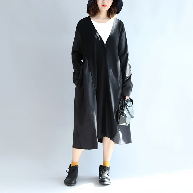 2025 new black patchwork cotton silk outwear plus size v neck large hem cardigans