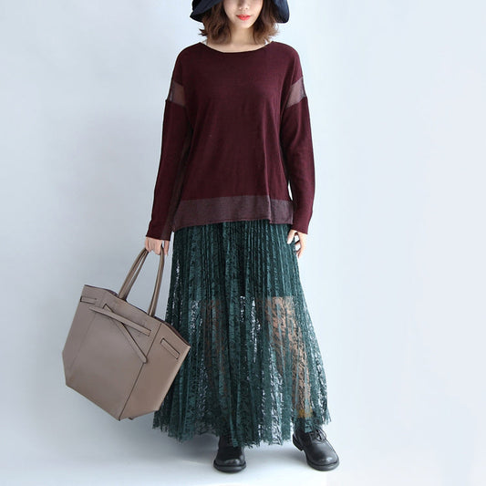 2025 new burgundy patchwork woolen blended knit tops plus size pullover sweater side open