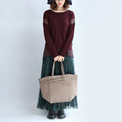 2025 new burgundy patchwork woolen blended knit tops plus size pullover sweater side open