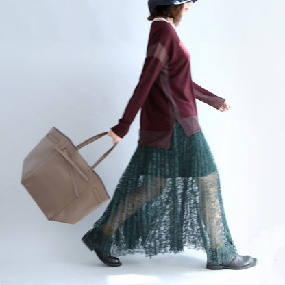 2025 new burgundy patchwork woolen blended knit tops plus size pullover sweater side open