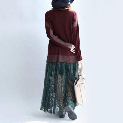 2025 new burgundy patchwork woolen blended knit tops plus size pullover sweater side open