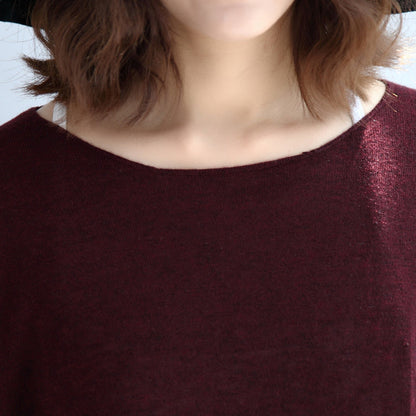 2025 new burgundy patchwork woolen blended knit tops plus size pullover sweater side open