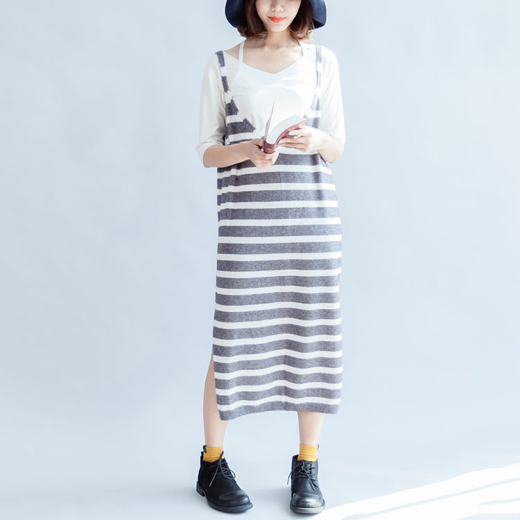 2025 new fashion gray white striped sweater sleeveless dresses loose  casual dress side open