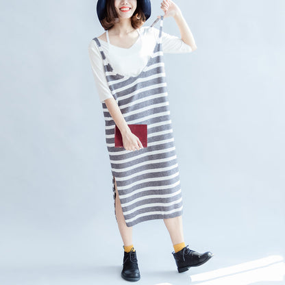 2025 new fashion gray white striped sweater sleeveless dresses loose  casual dress side open