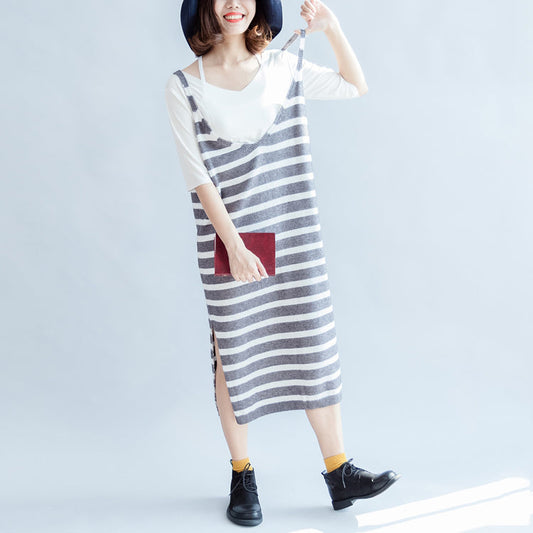 2025 new fashion gray white striped sweater sleeveless dresses loose  casual dress side open