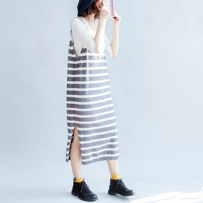 2025 new fashion gray white striped sweater sleeveless dresses loose  casual dress side open