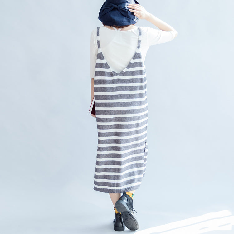 2025 new fashion gray white striped sweater sleeveless dresses loose  casual dress side open