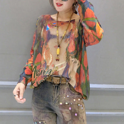 2025 new girl prints cotton sweater plus size o neck fashion pullover knit tops