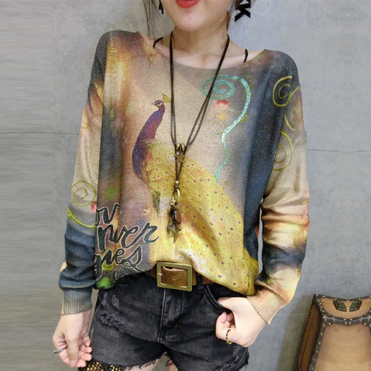 2025 new gold phoenix prints cotton knit tops plus size casual long sleeve sweater pullover