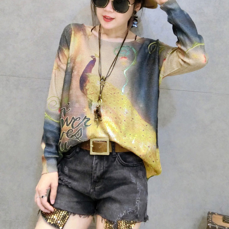 2025 new gold phoenix prints cotton knit tops plus size casual long sleeve sweater pullover
