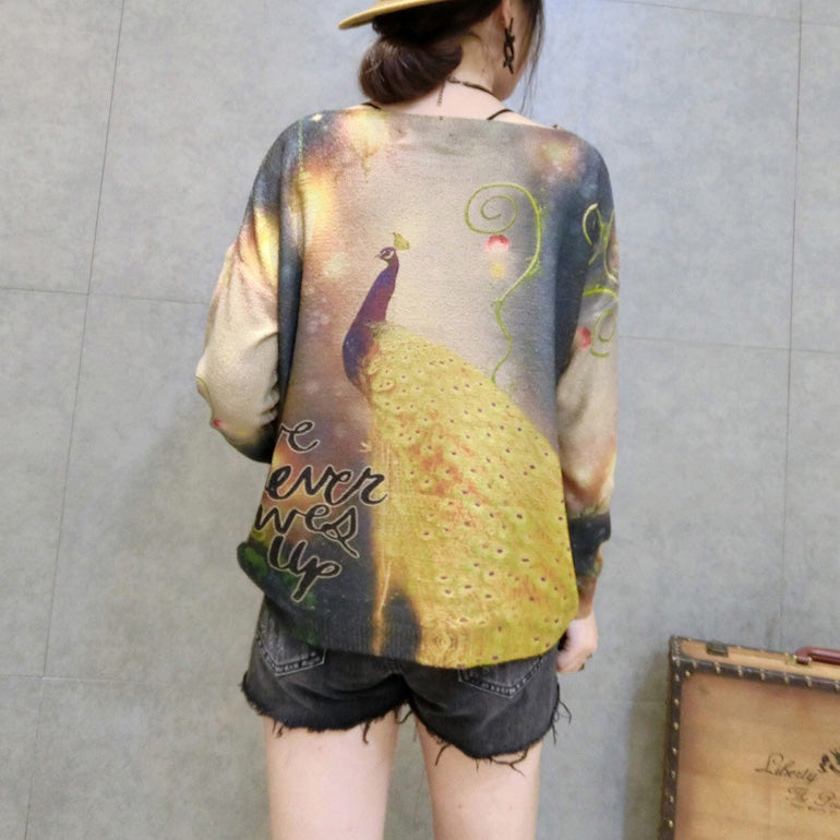 2025 new gold phoenix prints cotton knit tops plus size casual long sleeve sweater pullover