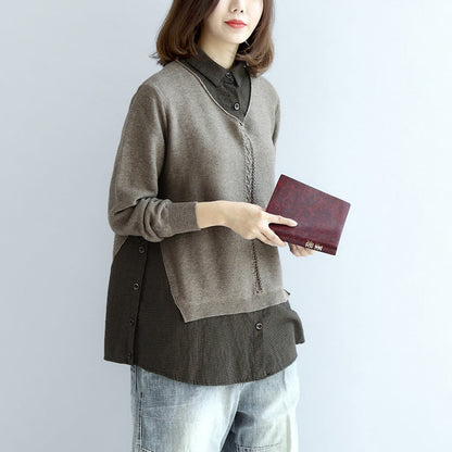 2025 new khaki grid knit tops fine casual long sleeve pullover false two pieces