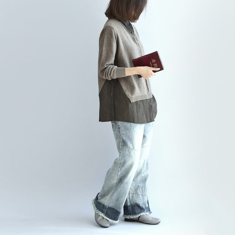 2025 new khaki grid knit tops fine casual long sleeve pullover false two pieces