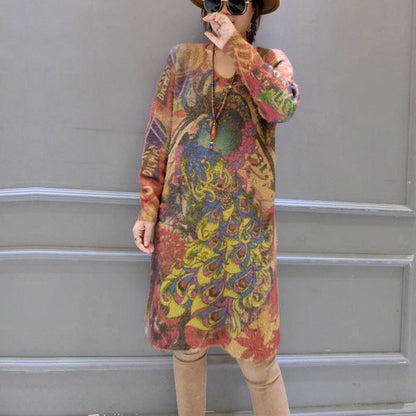 2025 vintage elastic woolen sweater dresses loose phoenix print casual women  cozy knit dress