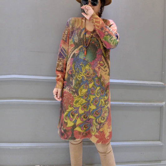 2025 vintage elastic woolen sweater dresses loose phoenix print casual women  cozy knit dress