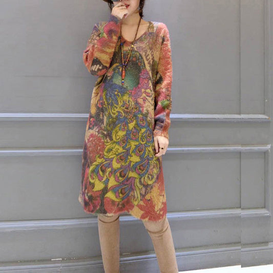 2025 vintage elastic woolen sweater dresses loose phoenix print casual women  cozy knit dress