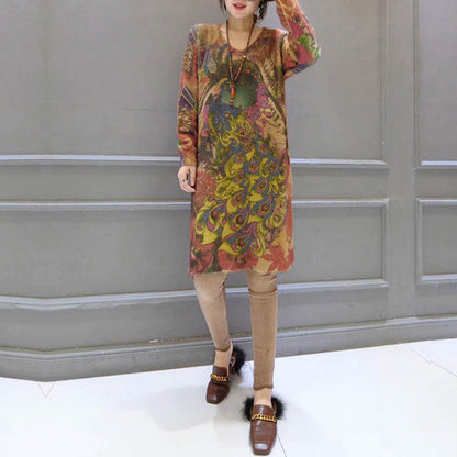 2025 vintage elastic woolen sweater dresses loose phoenix print casual women  cozy knit dress