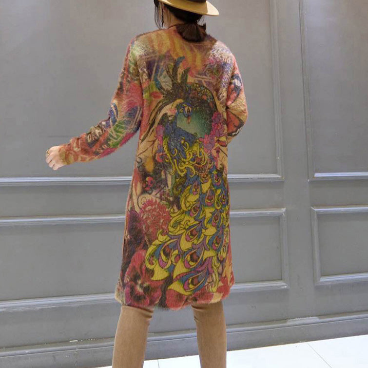 2025 vintage elastic woolen sweater dresses loose phoenix print casual women  cozy knit dress