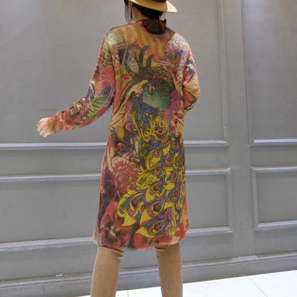 2025 vintage elastic woolen sweater dresses loose phoenix print casual women  cozy knit dress