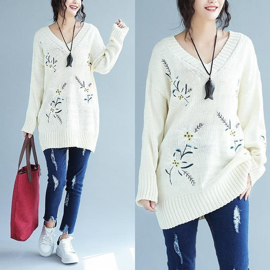 2025 white embroidery casual knit dresses plus size women v neck sweater dress