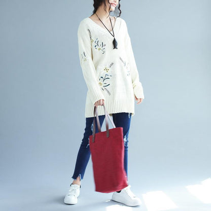 2025 white embroidery casual knit dresses plus size women v neck sweater dress
