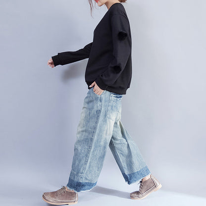 2025 winter black fuzzy ball decorated woolen sweater plus size o neck fashion knit tops