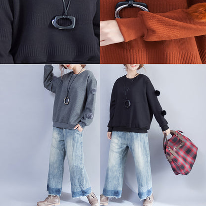 2025 winter black fuzzy ball decorated woolen sweater plus size o neck fashion knit tops
