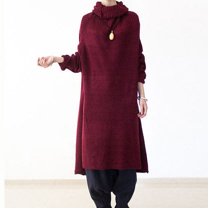 2025 winter burgundy cotton knit sweater dresses plus size turtle neck warm winter dress