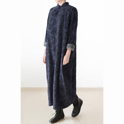 2025 winter linen dresses warm velour inside Jacquard long caftans winter dresses in navy