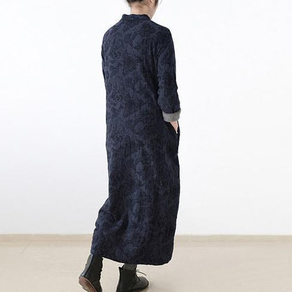 2025 winter linen dresses warm velour inside Jacquard long caftans winter dresses in navy