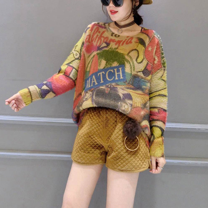 2025 winter o neck alphabet print cotton sweater tops ovresize long sleeve fashion knit pullover