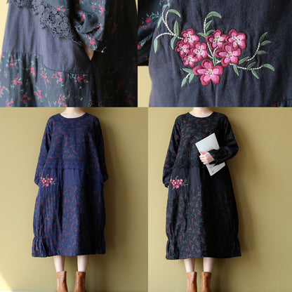 2025 winter warm embroidery floral cotton dresses oversize print patchwork linen thick maxi dress