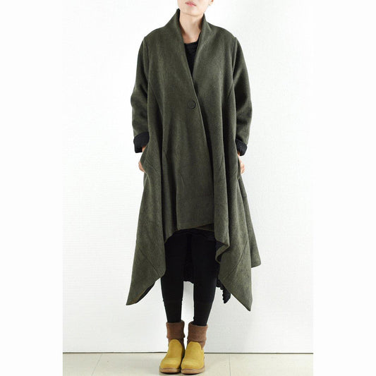 2025 winter woolen coats green cross asymmetrical cardigans long one button outwear dress