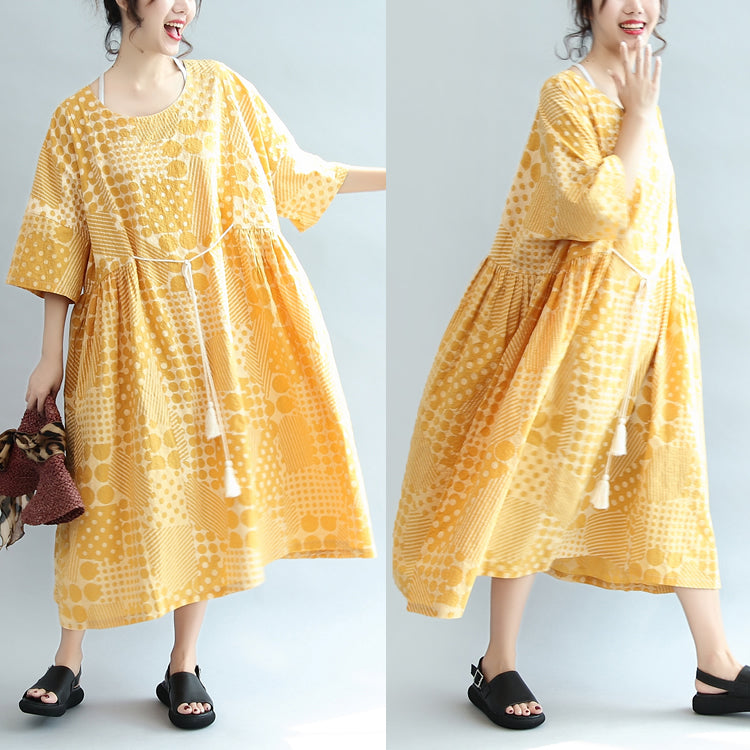 2025 yellow casual cotton dresses print  plus size sundress bracelet sleeved maxi dress