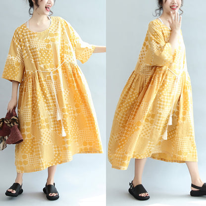 2025 yellow casual cotton dresses print  plus size sundress bracelet sleeved maxi dress