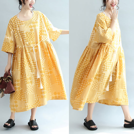2025 yellow casual cotton dresses print  plus size sundress bracelet sleeved maxi dress