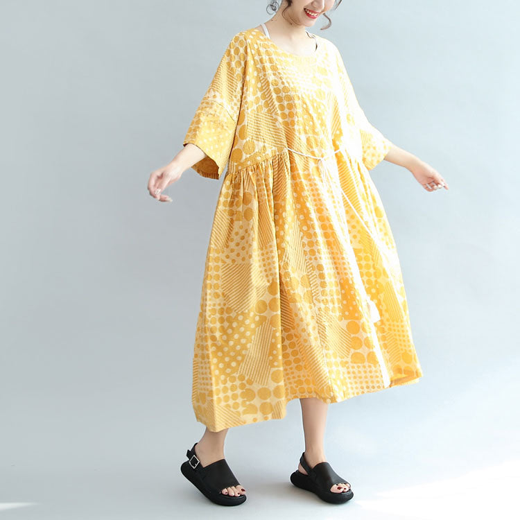 2025 yellow casual cotton dresses print  plus size sundress bracelet sleeved maxi dress
